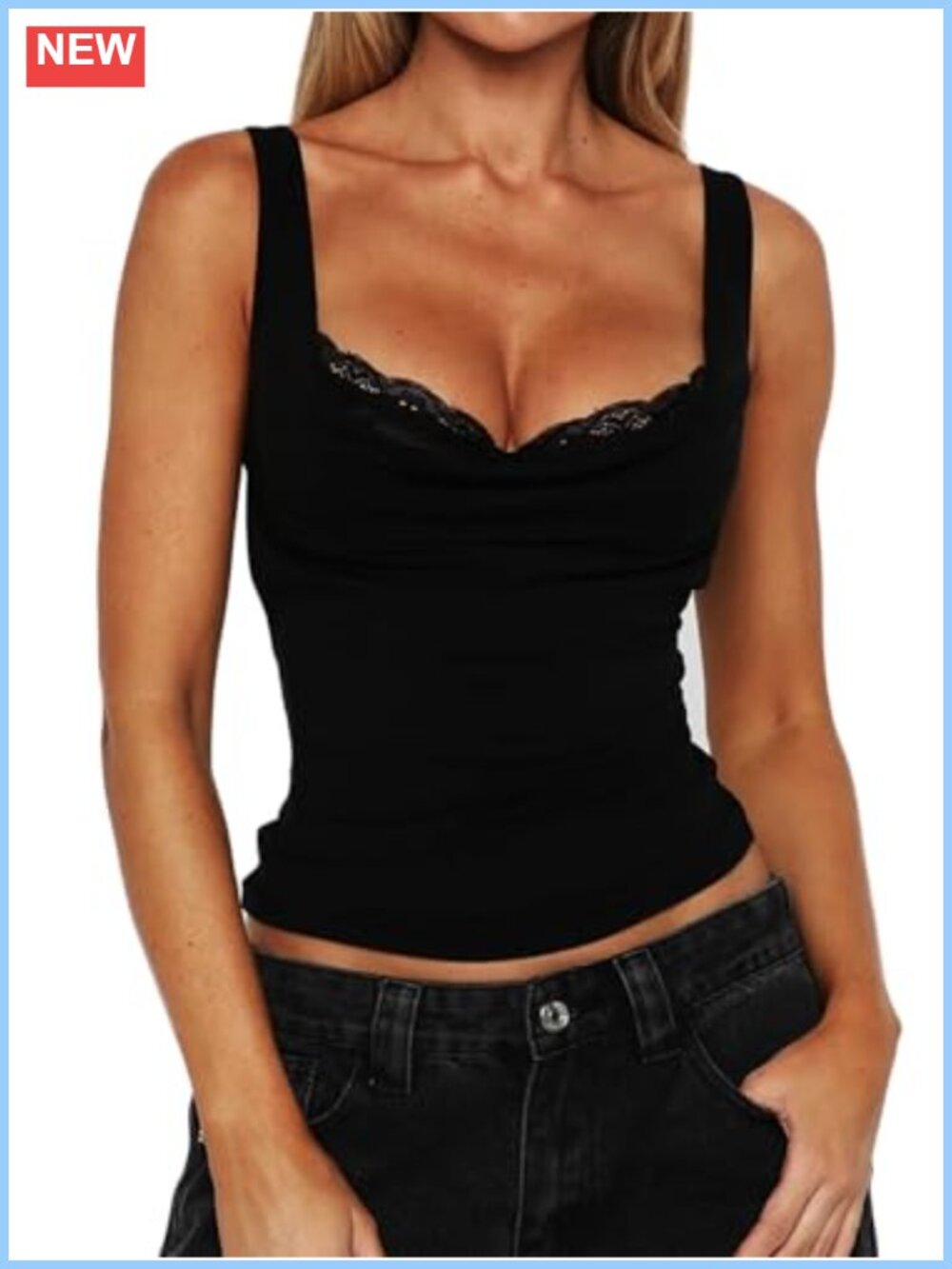 Women's Sexy Lace Trimmed Tank Top with Built-in Bra Adjustable Straps